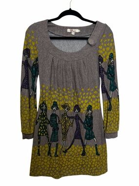 Aryeh Graphic Print Sweater Dress Gray Yellow Sz S Arsty Teacher Funky Eclectic